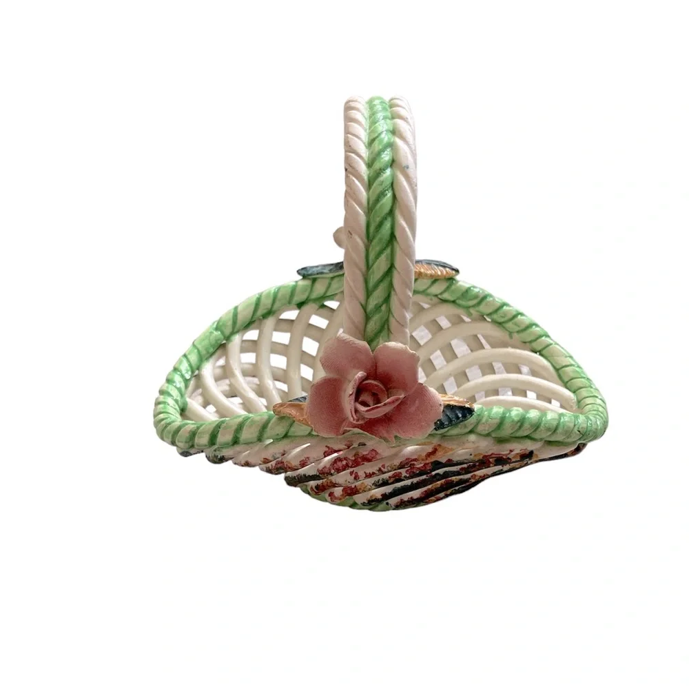 Porcelain Woven Basket Accent Decor Rose and Flowers Cottagecore Vintage Dainty